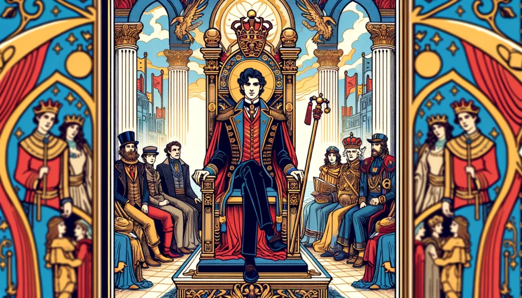 "An individual in a position of power, surrounded by symbols of authority and strength, set against a backdrop that emphasizes order and discipline, reflecting the dignified and commanding presence of the Upright Emperor."