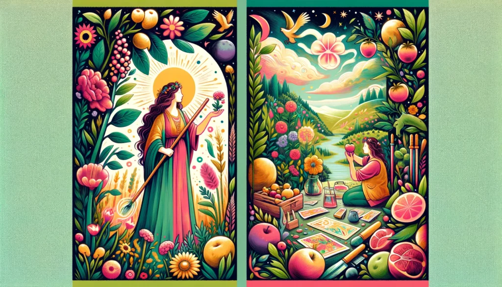  "A serene scene featuring a figure engaged in creative and nurturing activities amidst a lush landscape filled with blooming flowers, ripe fruits, and vibrant greenery. The warm earth tones, greens, and soft pinks accentuate the themes of love, creativity, and protection associated with The Empress."