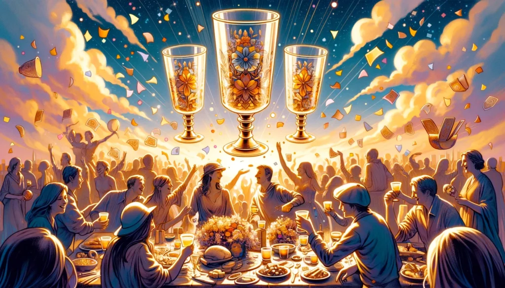 "Illustration featuring three upright cups amidst scenes of laughter, togetherness, and celebration, conveying the deep connection and mutual support among friends or family. Set in a vibrant and harmonious setting, the image captures the essence of communal joy and the emotional richness of being part of a supportive community, embodying the uplifting spirit of the Upright Three of Cups with positive feelings of love, unity, and shared happiness."