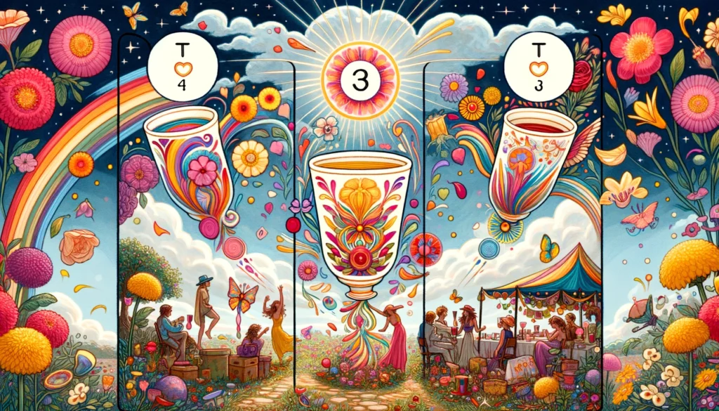  "Illustration depicting three upright cups surrounded by vibrant flowers, dancing figures, and a festive atmosphere, symbolizing celebration, emotional fulfillment, and collective joy in relationships. The lively setting underscores the harmonious blend of emotions, support from friends or family, and the festive nature of the card's outcome in love contexts, highlighting shared joy, emotional support, and the strengthening of bonds."





