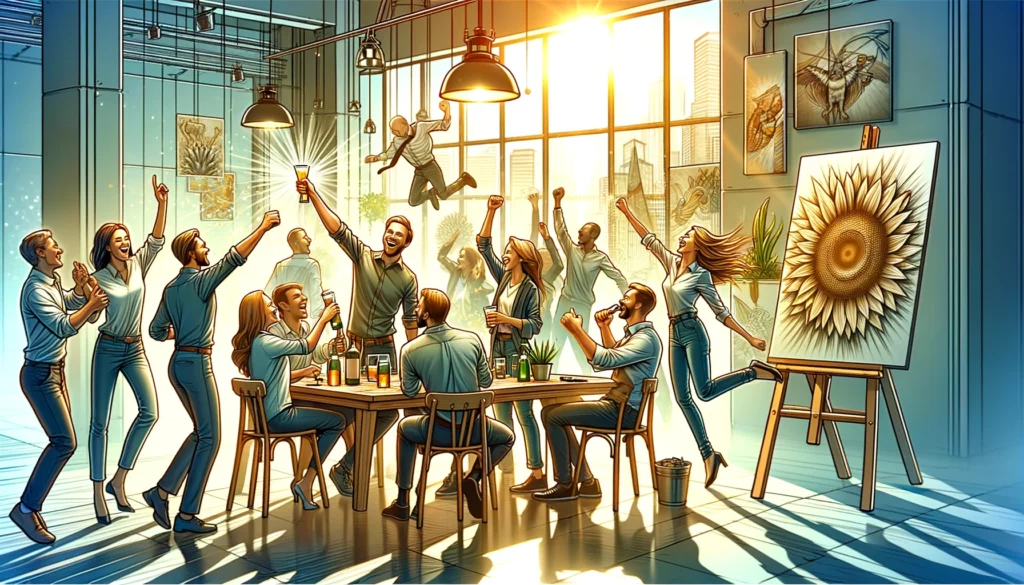 A group of people celebrates the successful completion of a project in a vibrant space filled with achievements of their collaborative efforts. The scene embodies joy, satisfaction, and shared pride from working together towards a common goal, reflecting the emotional rewards of productive cooperation and collective accomplishment associated with the Upright Three of Pentacles.