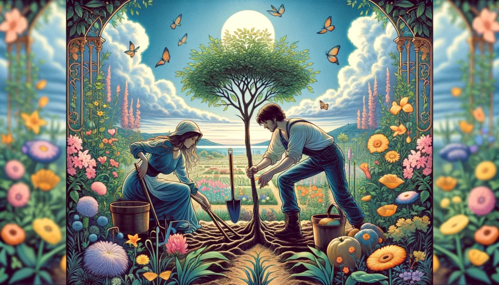 An illustration of a couple working together in a vibrant garden, symbolizing the growth and flourishing of their relationship. The scene embodies themes of collaboration, dedication, and the nurturing of a strong, enduring partnership, as depicted in the Three of Pentacles tarot card.






