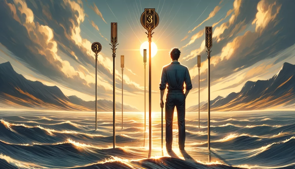 An illustration showing a figure standing at a crossroads, facing forward with a determined expression and one hand reaching out towards the horizon, symbolizing optimism, determination, and the readiness to embrace new journeys. The image reflects the proactive and visionary spirit of the card.