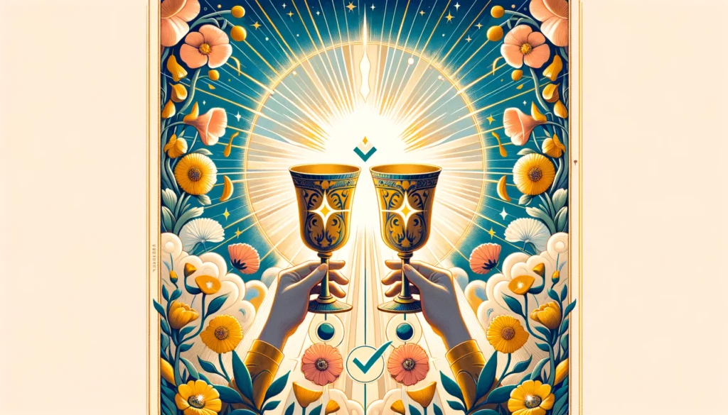 "Illustration featuring two upright cups surrounded by symbols of positivity and affirmation, representing agreement, unity, and positive connections. Conveys a message of harmonious relationships and a definitive 'Yes' in the context of queries, with a warm and joyful atmosphere reflecting the significance of the Upright Two of Cups in forming or deepening relationships."