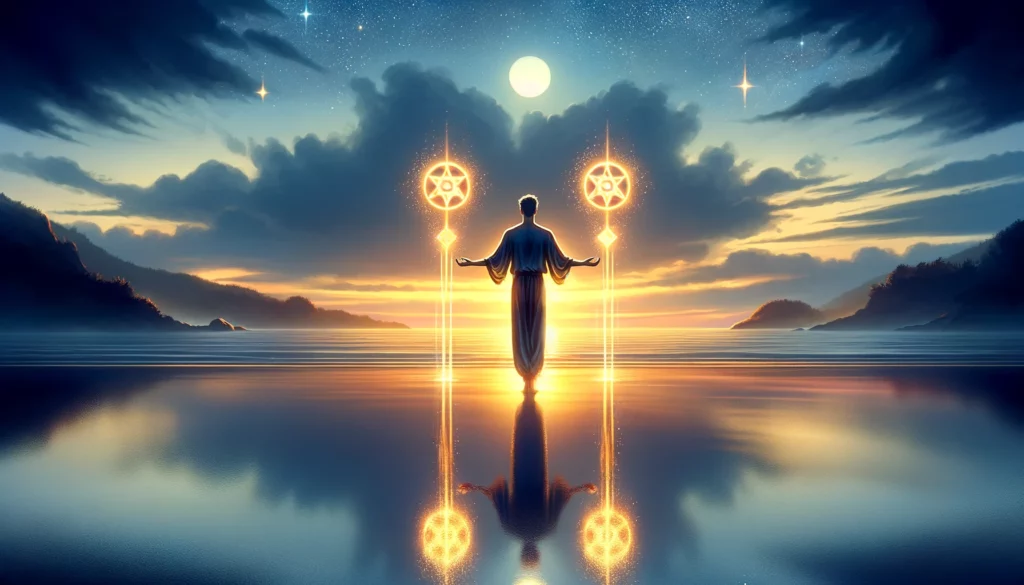 An illustration of a serene beach scene at dawn, featuring a figure balancing two glowing pentacles. The image symbolizes the ability to manage emotional ups and downs with grace and optimism, reflecting the theme of achieving emotional equilibrium and adaptability depicted in the Two of Pentacles card.