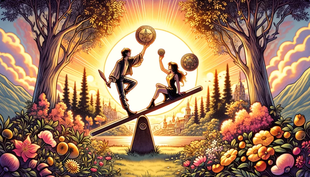 An illustration representing balance and adaptability in a relationship, featuring a couple on a seesaw holding pentacles, set against a vibrant park backdrop, symbolizing the ongoing effort and joy in maintaining a dynamic partnership.







