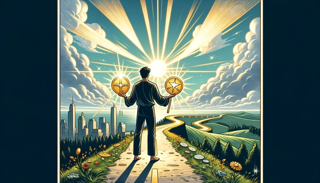 An illustration depicting a figure standing on a sunny hilltop, contemplating a path that harmoniously blends aspects of city life and nature, symbolizing the successful integration of professional ambitions and personal passions. The image embodies the optimism and adaptability central to the Upright Two of Pentacles.