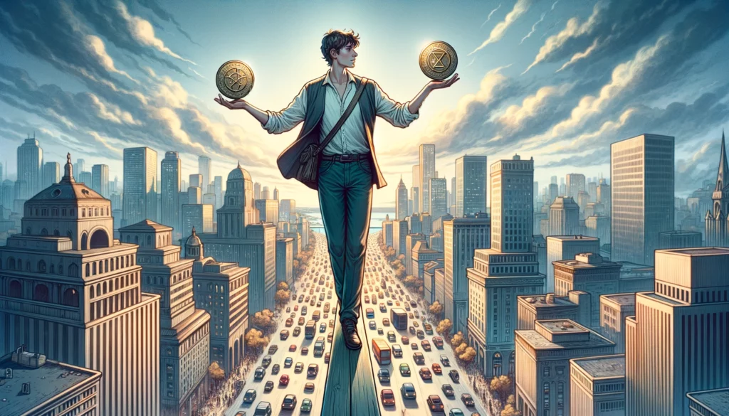 An illustration of a person balancing two pentacles while standing on a narrow beam above an urban landscape, symbolizing the skill of maintaining balance between work and personal life amidst the vibrancy of daily activities.







