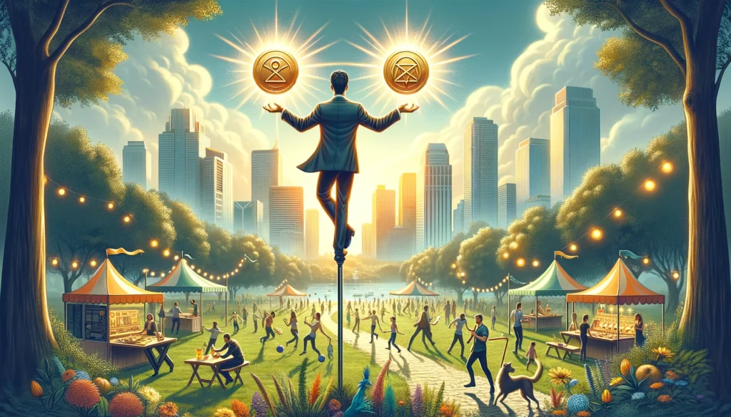 An illustration depicting an individual skillfully balancing two glowing pentacles in a lively city park, symbolizing the scene of balance and harmony amidst urban living. The image captures the essence of successfully managing responsibilities and personal time, embodying the themes of adaptability and equilibrium represented by the Two of Pentacles card.