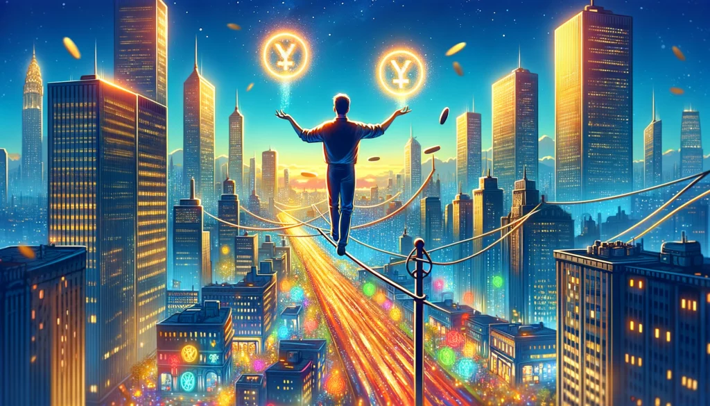 An illustration of a figure confidently juggling pentacles on a tightrope above a busy city, symbolizing balance, adaptability, and potential success. This imagery suggests a positive "Yes" answer, emphasizing the ability to maintain equilibrium and navigate life's challenges with agility and grace.







