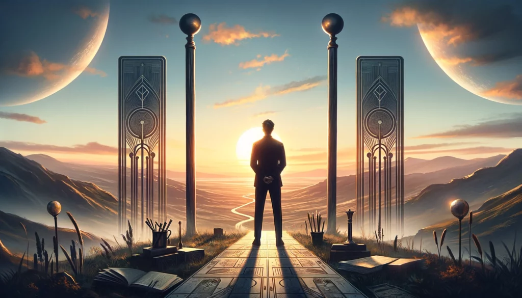 An individual gazes out over a vast landscape, their silhouette outlined against the setting sun. In their expression, a mix of determination and curiosity as they ponder their next move. The scene evokes themes of strategic planning, ambitious goals, and the excitement of embarking on a journey into the unknown."