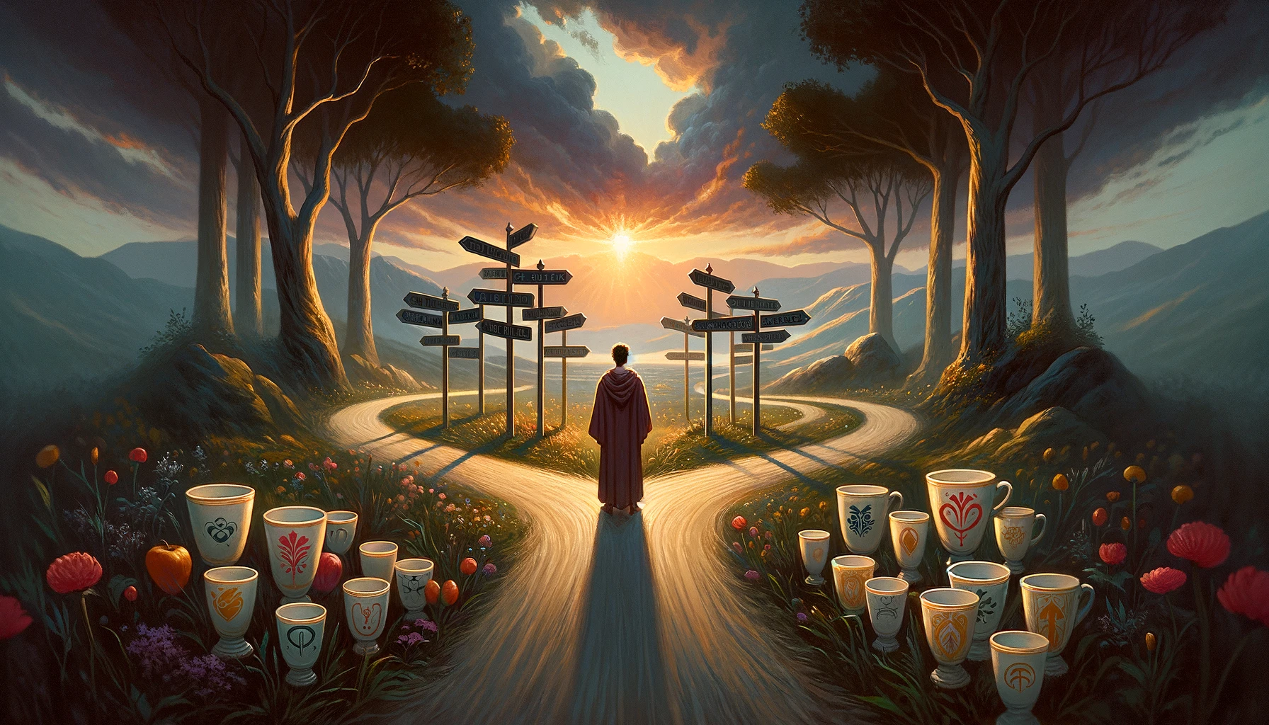 "Illustration portraying a significant crossroads moment, symbolizing the journey towards self-discovery and the quest for deeper fulfillment beyond known comforts and relationships."