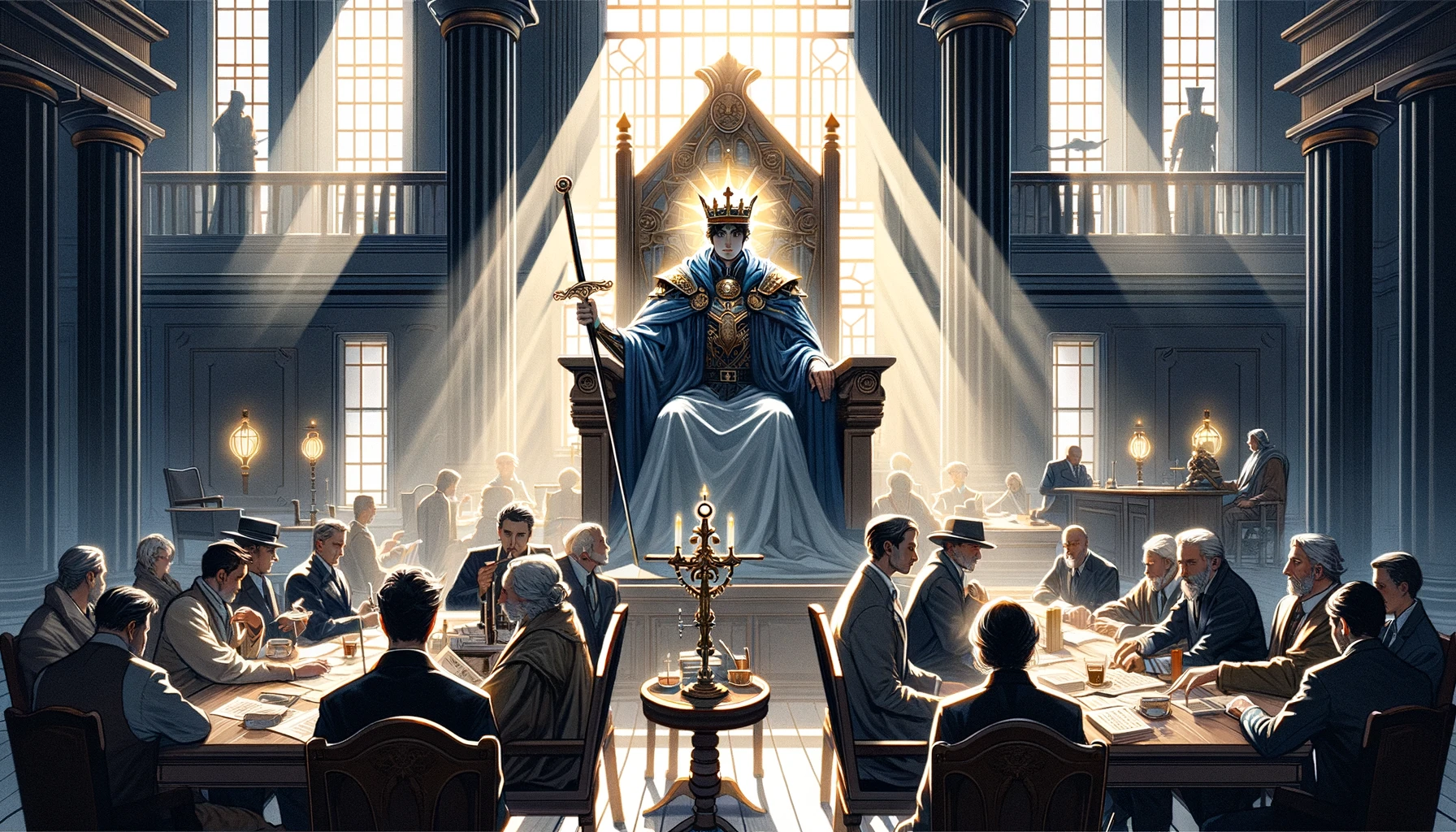 The image portrays the essence of intellectual leadership, clarity of thought, and decisive action as the King of Swords presides over a courtroom or council setting. He embodies wisdom, authority, and the role of a fair mediator. The structured and orderly environment, illuminated by light streaming in through windows, symbolizes the clarity and transparency he brings to the situation, emphasizing the card's association with sound judgment and ethical leadership.