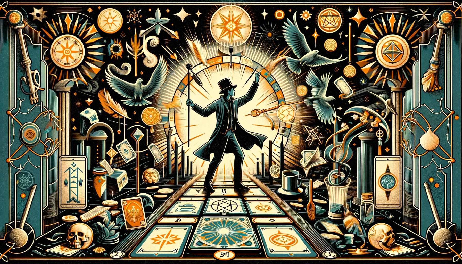 "An illustration depicting 'The Magician' Tarot card, featuring a figure in a moment of concentration, surrounded by symbols representing skills, creativity, and the power to manifest desires into reality, capturing the essence of a pivotal moment of empowerment and potential."