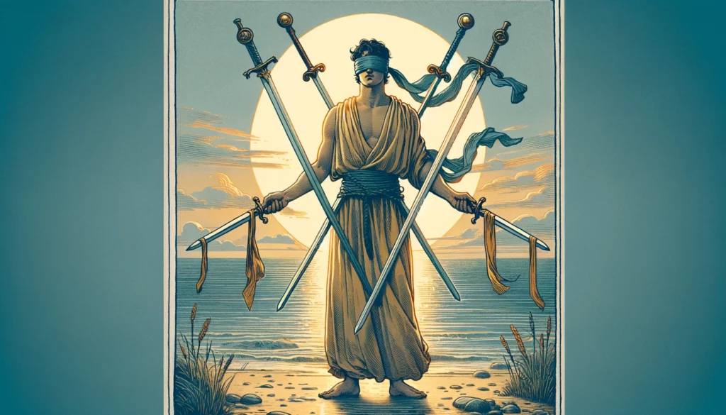 "Illustration representing a moment of decision and stalemate, symbolizing the need for balance, choice, and the potential for peace through compromise. Set against a tranquil yet tense backdrop, highlighting the card's themes of indecision and the delicate balance between intellect and emotion."