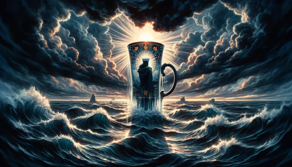 "The image depicts emotional turmoil and uncertainty, reflecting the Reversed King of Cups, emphasizing the need for introspection and healing in complex situations. It provides a visually compelling backdrop for exploring emotional challenges."