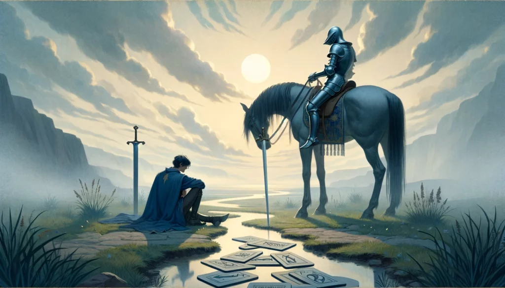 "Illustration of the Knight of Swords tarot card, depicting a moment of reflection and reconsideration. The scene emphasizes the importance of pausing to reassess one's approach, enriching the article with a nuanced interpretation of the card's meaning in the context of desires and ambitions, particularly those requiring careful thought and introspection."