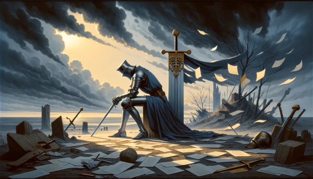 "Illustration depicting a reflective knight amidst chaotic circumstances, symbolizing the need for reassessment and course correction in the face of hasty decisions. This visual enhances the article by conveying the card's themes of miscommunication, haste, and the importance of careful thought and introspection in navigating complex situations."





