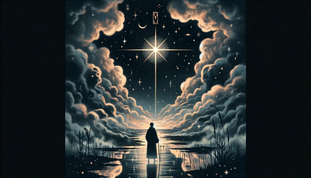  "Illustration embodying themes of disillusionment, uncertainty, and the need for introspection, setting a contemplative tone for your article discussing 'The Star' in its reversed position. It suggests a less favorable or unclear outcome while hinting at the possibility of finding one's way through perseverance."