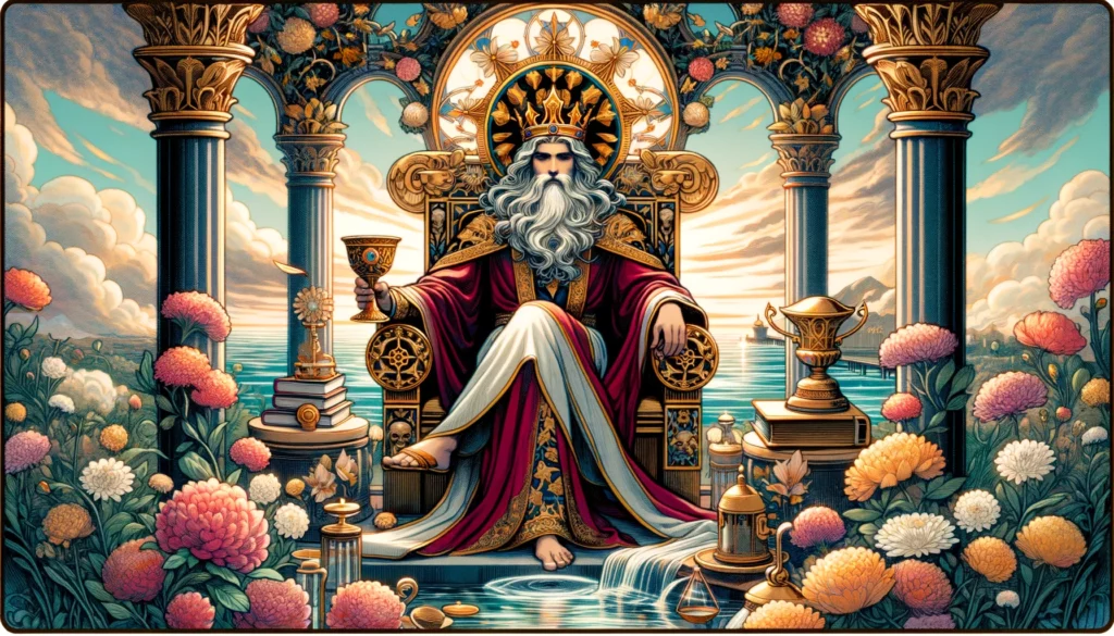 The image portrays a stable and wise leadership presence, symbolizing the King of Cups, amidst a serene environment, reflecting mastery over emotions and his role as a guide and protector. It encapsulates emotional intelligence, empathy, and the nurturing of a harmonious atmosphere."





