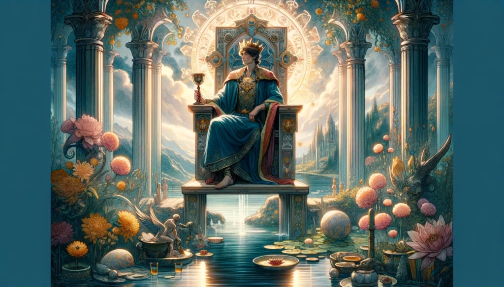 "Image depicts a figure embodying emotional stability, wisdom, and compassionate leadership as symbolized by the King of Cups, set in a serene and authoritative environment reflecting deep emotional insight and supportive nature."





