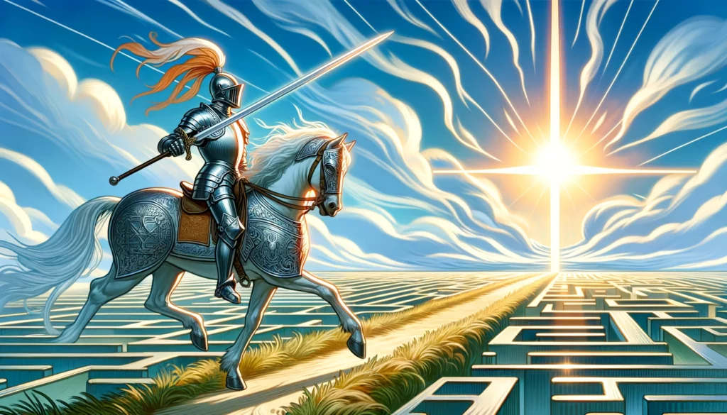  "Illustration of the Knight of Swords tarot card, depicting ambition, clarity, and decisive action. The knight is shown on a journey from confronting challenges to achieving goals with determination and intellect, enriching the article with a dynamic visual interpretation of the card's meaning in personal desires and ambitions."