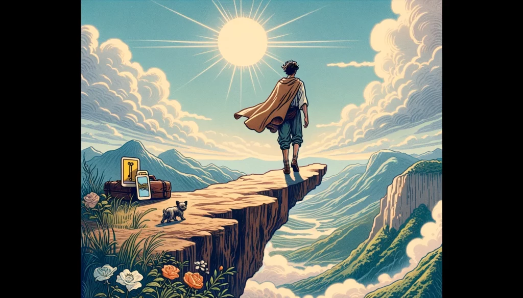  "An illustration symbolizing new beginnings and the leap into the unknown. The image features a figure standing at the edge of a cliff, poised to take a step forward with arms outstretched, against a backdrop of vibrant skies and rolling hills."