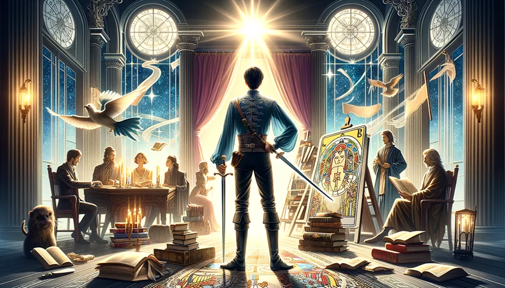 "The image depicts a character exuding confidence and intellectual curiosity, surrounded by elements that symbolize their pursuit of knowledge and truth in a modern interpretation of traditional tarot imagery."