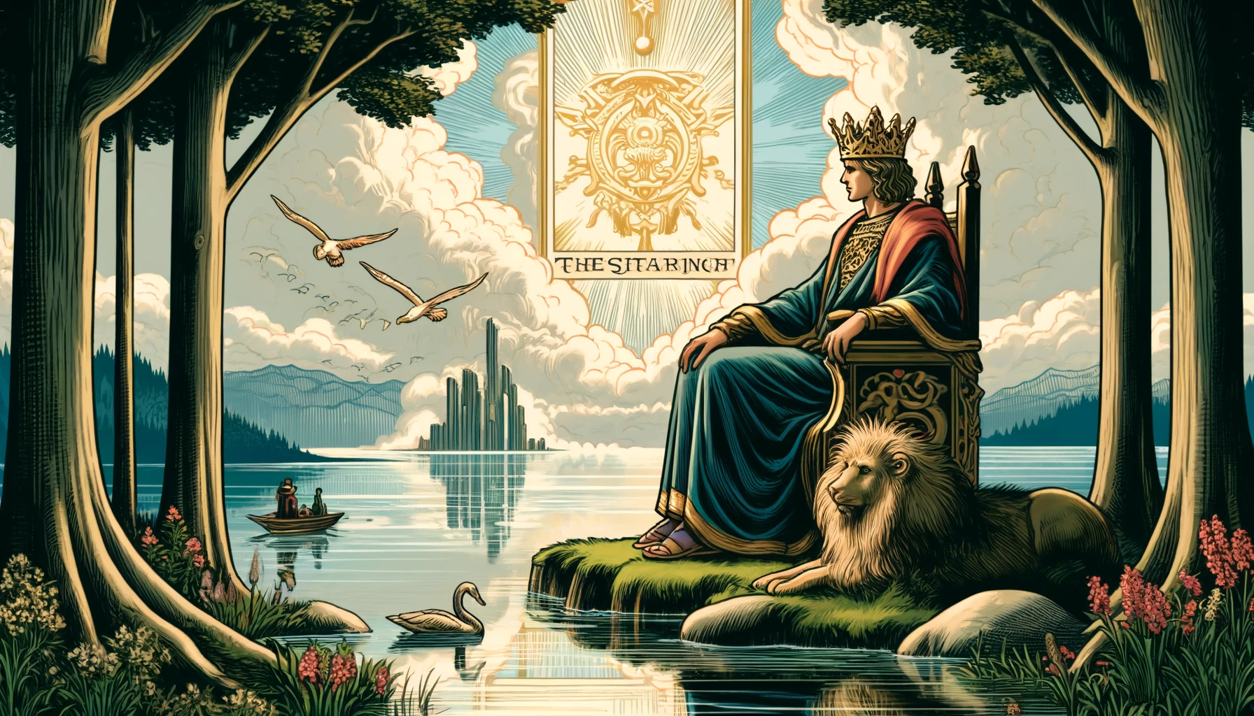 The image depicts the essence of wisdom, emotional balance, and leadership embodied by the King of Cups. Set in a tranquil environment, possibly near water, it symbolizes emotional depth and intuition. The King, a figure of authority and guidance, exudes maturity and empathy, offering support and counsel in complex emotional situations.
