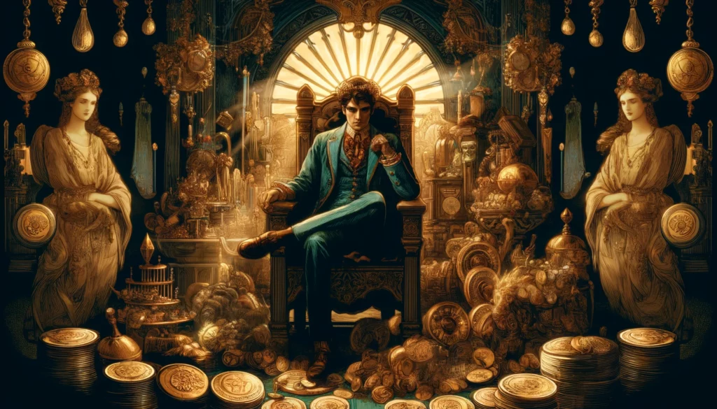 The image portrays the King of Pentacles seated on a lavish throne adorned with symbols of wealth and prosperity. Despite his opulent surroundings, there is a subtle tension in his expression, suggesting inner conflict or dissatisfaction. Surrounding him are signs of extravagance, such as overflowing treasure chests and expensive artifacts, yet there is also a sense of emptiness or isolation in the scene. This visual conveys the cautionary tale of the King of Pentacles when his pursuit of material wealth overshadows deeper values, prompting viewers to contemplate the potential pitfalls of excessive focus on material success.