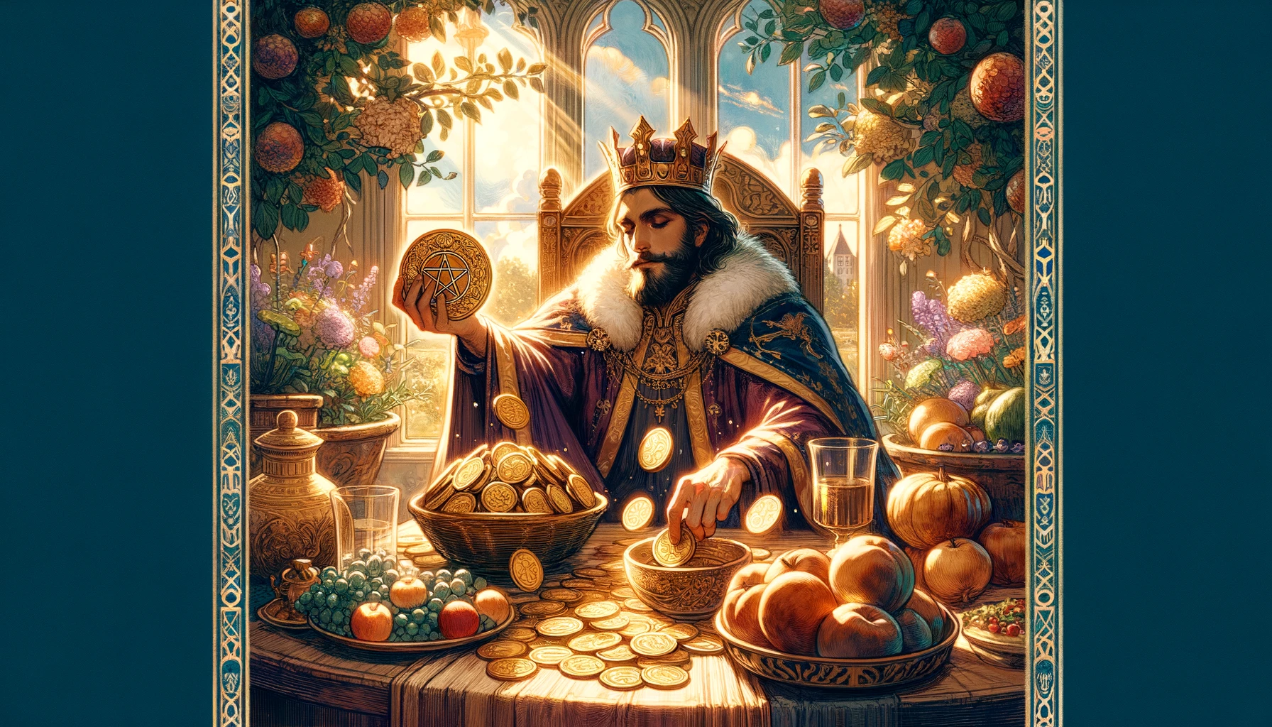 An illustration of the King of Pentacles seated on a throne, exuding an aura of security and confidence. He wears a regal attire, with a crown on his head and a warm, welcoming expression on his face. In one hand, he holds a pentacle, symbolizing material wealth and prosperity, while his other hand gestures in a gesture of generosity. Surrounding him are lush greenery, blooming flowers, and symbols of abundance, reinforcing the feelings of nurturing generosity and emotional stability. This visual evokes a sense of security and warmth, inviting readers to explore the themes of emotional abundance and stability in your article.