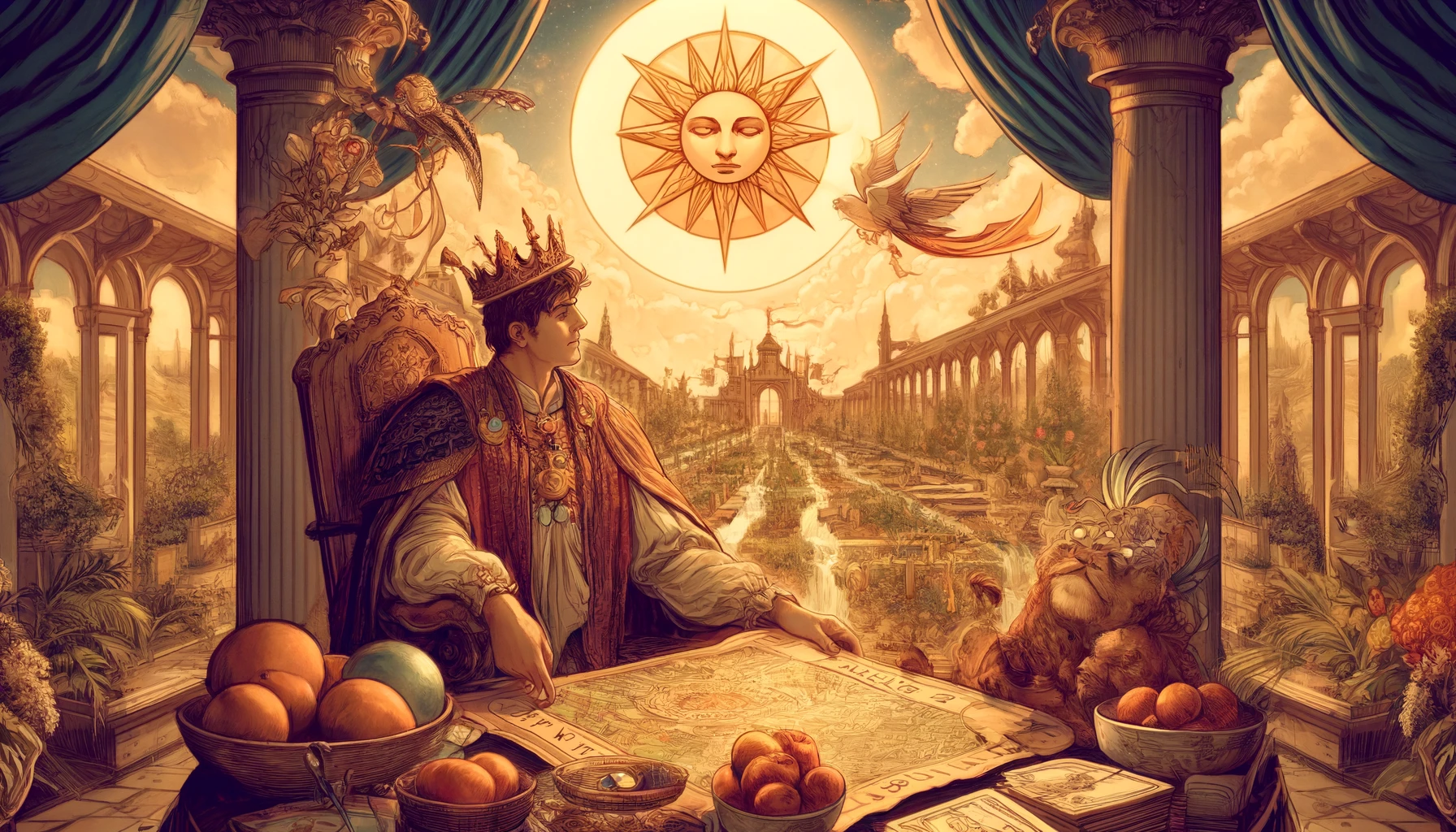 The image depicts the King of Pentacles seated confidently in a lush garden filled with blooming flowers and fruitful trees, symbolizing abundance and prosperity. The King exudes a sense of ambition and fulfillment as he gazes ahead with determination. This visual provides a rich and inviting context for the discussion on aspirations and desires associated with the King of Pentacles in tarot readings.