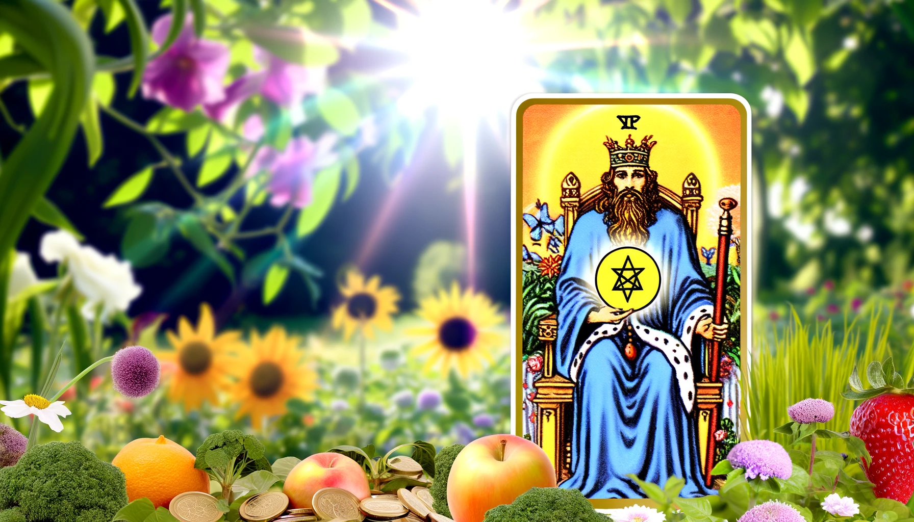 The image depicts the King of Pentacles sitting confidently on his throne, exuding an air of authority and assurance. His posture is upright, and his expression reflects determination and decisiveness. Surrounding him are symbols of wealth and abundance, reinforcing his status as a figure of prosperity and success. This visual conveys the essence of decisiveness and positivity associated with the King of Pentacles in a tarot reading, offering viewers a clear and optimistic perspective on their queries.