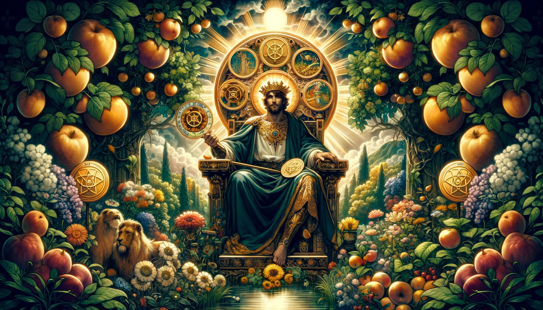 The image shows the King of Pentacles seated on a majestic throne adorned with intricate carvings, surrounded by lush greenery and blooming flowers. He exudes an aura of confidence and stability, with a pentacle in one hand and a scepter in the other. The garden setting symbolizes fertility, growth, and abundance, while the King's presence signifies wealth and material success within the realm of love and relationships.