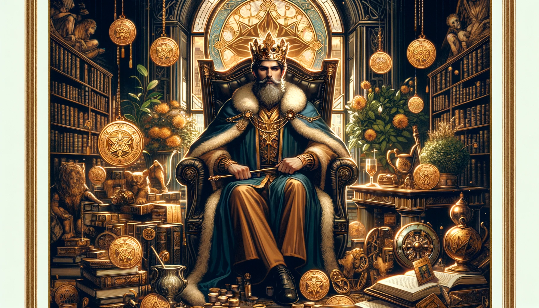 The image depicts the King of Pentacles seated on a lavish throne adorned with intricate carvings and embellishments, exuding an air of authority and confidence. He holds a pentacle in one hand, symbolizing his mastery over material wealth and abundance. Surrounding him are symbols of opulence, such as gold coins, jewels, and lush foliage, emphasizing his association with success and prosperity. This scene captures the essence of the King of Pentacles as a figure of wealth, reliability, and luxury.]