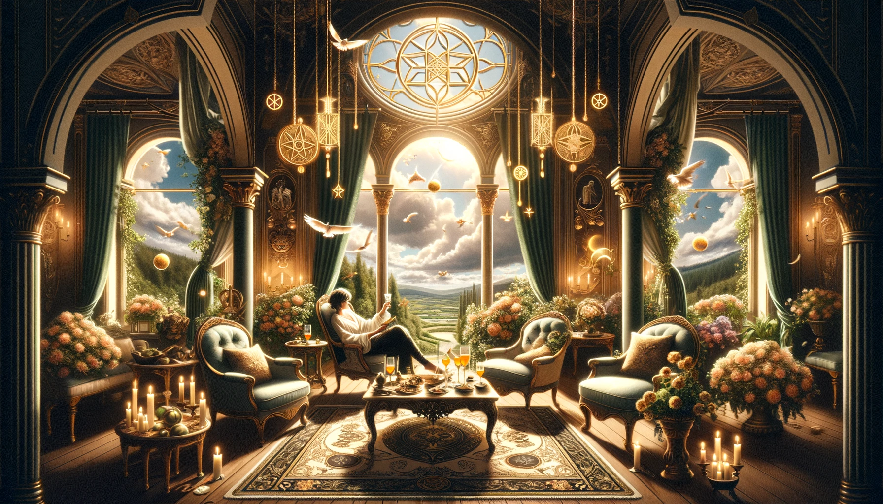 The image illustrates the essence of independence, self-sufficiency, and personal achievement. It features an individual radiating emotional satisfaction and stability through self-reliance and hard work. The visualization emphasizes themes of fulfillment, inner peace, and the luxury of enjoying one's own company, set against a backdrop suggesting a luxurious or abundant setting.