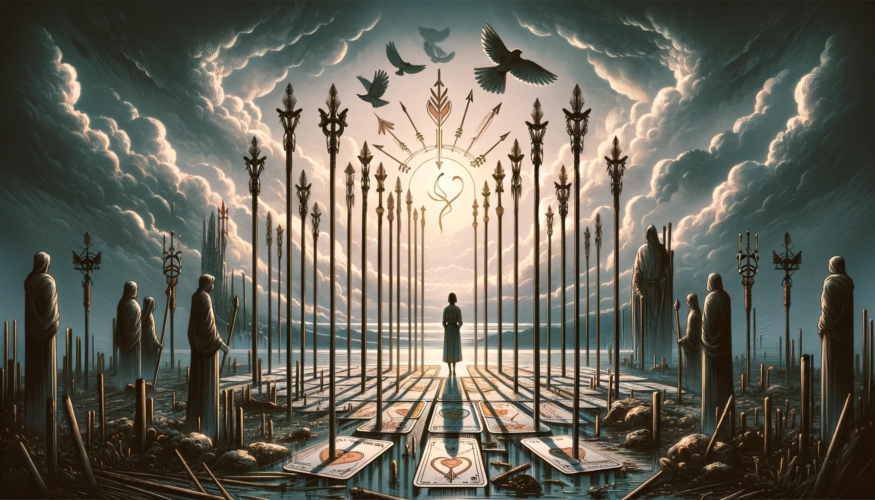 The image embodies resilience and determination in a relationship, symbolized by the Nine of Wands. A couple stands together, facing challenges with strength and unity. The atmosphere conveys perseverance and the willingness to protect their love despite past obstacles. This visualization highlights themes of endurance, unwavering faith in love, and the courage to confront difficulties together.