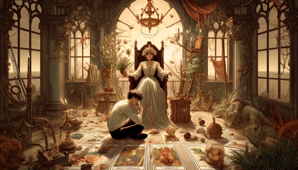 The image depicts a woman seated on a throne adorned with symbols of material wealth, but her expression appears distant and detached. Surrounding her are signs of neglect and disarray, indicating a lack of attention to personal relationships and emotional well-being. This visualization symbolizes the challenges of the Reversed Queen of Pentacles, emphasizing the consequences of materialism and the need for a more balanced and nurturing approach to life.