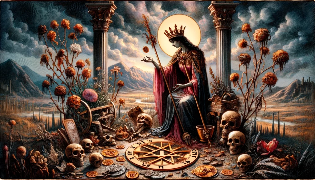 The image portrays a woman seated on a throne, her expression reflecting a mix of concern and contemplation. In one hand, she holds a pentacle, but her posture appears tense, suggesting internal conflict. The surroundings are sparse, lacking the lushness and abundance typically associated with the Queen of Pentacles. This visualization symbolizes the complexities and challenges of the Queen of Pentacles in her reversed position, emphasizing the need for reevaluation and finding balance in decision-making.