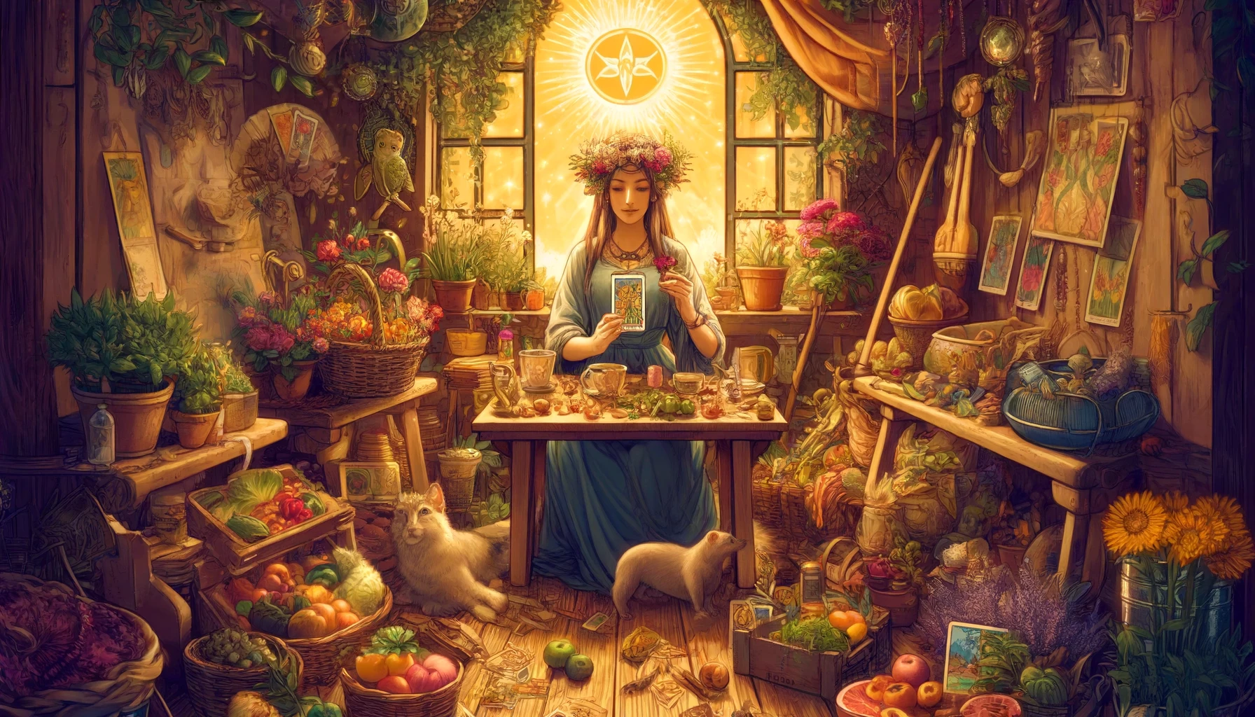 An illustration of the Upright Queen of Pentacles seated comfortably amidst a lush garden. She is depicted as a nurturing figure, radiating warmth and stability. The Queen holds a pentacle in one hand, symbolizing her practical approach to achieving abundance and prosperity. Surrounding her are vibrant flowers, flourishing trees, and fertile soil, indicating her ability to nurture and cultivate growth in all aspects of life. The scene exudes a sense of tranquility, abundance, and harmony with nature, reflecting the Queen's connection to the earth and her role as a provider and caretaker.