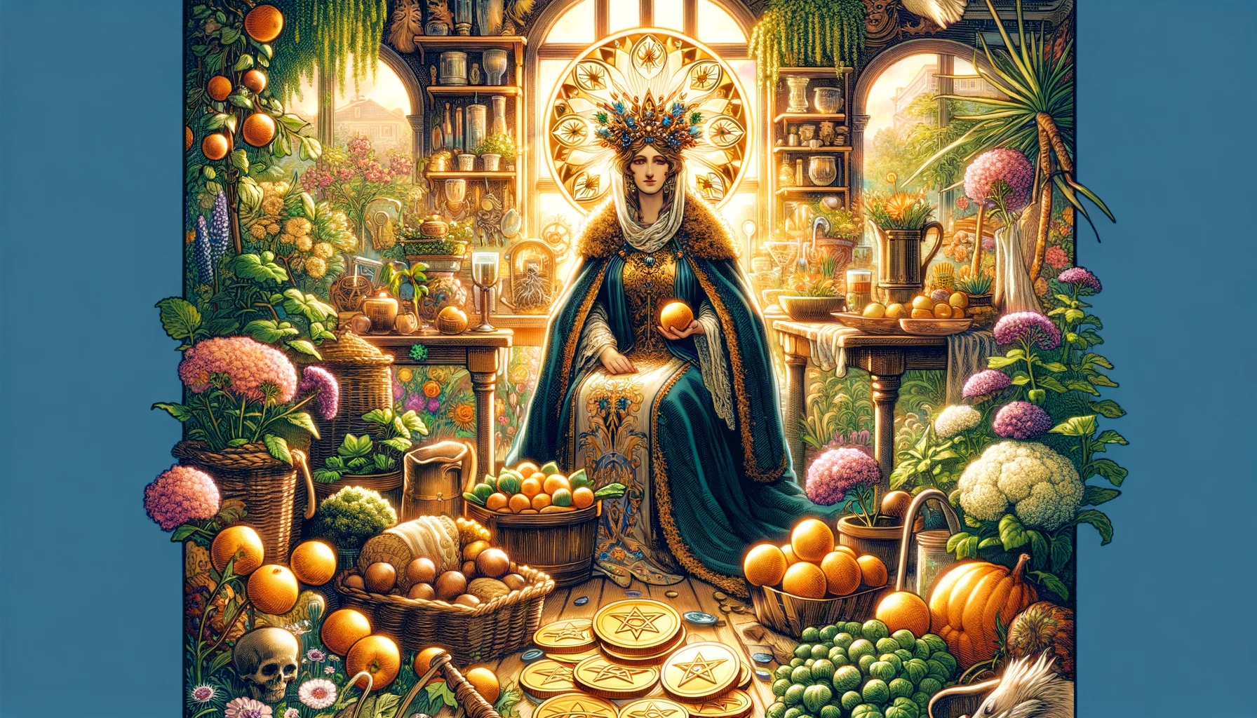 An illustration featuring the Queen of Pentacles seated in a lush garden surrounded by blooming flowers, vibrant foliage, and fruitful trees. The Queen exudes a nurturing presence, tending to the plants with care and compassion. Her expression radiates warmth and contentment as she oversees the abundance and growth in her surroundings. The scene evokes feelings of stability, prosperity, and maternal care, symbolizing the positive and fruitful aspects of the Queen of Pentacles card.