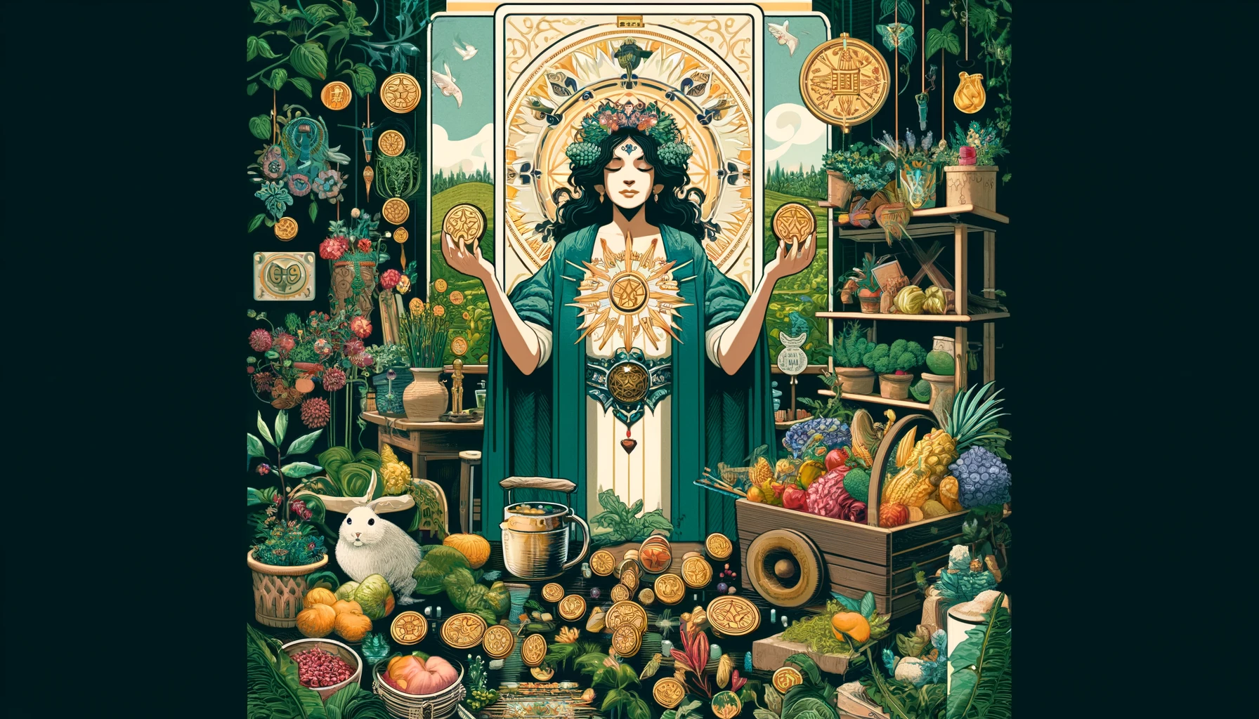 The image depicts a woman seated on a throne adorned with earthy elements such as flowers, vines, and fruits. She exudes an aura of nurturing warmth and practical wisdom, with a gentle yet confident demeanor. Her surroundings suggest abundance and fertility, reflecting her grounded and nurturing nature. This visualization vividly captures the essence of the Queen of Pentacles as a symbol of stability, care, and pragmatic wisdom.