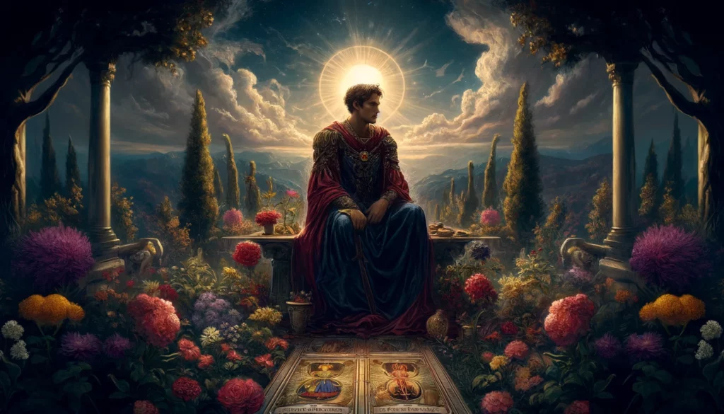  The image depicts the Reversed King of Pentacles sitting on his throne in a garden, but the surroundings are less vibrant and more subdued compared to the Upright version. The King appears contemplative, with a slight furrow on his brow, holding the pentacle with a sense of hesitation. The garden, although still lush, seems less flourishing, with some wilted flowers and fading foliage. This scene evokes a sense of introspection, caution, and the need for balance in romantic relationships