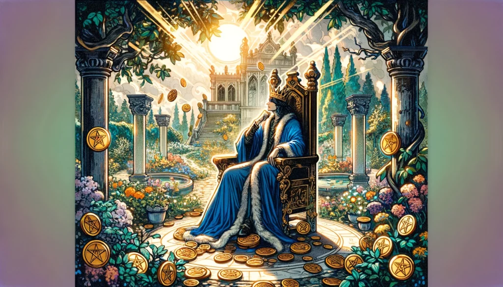 The image depicts the King of Pentacles seated in a contemplative posture, surrounded by a backdrop that contrasts with his usual opulence. The setting appears more subdued and somber, suggesting themes of reconsideration and caution. This nuanced portrayal encourages readers to reflect deeper on the complexities of their situation, serving as a thought-provoking header for the article.