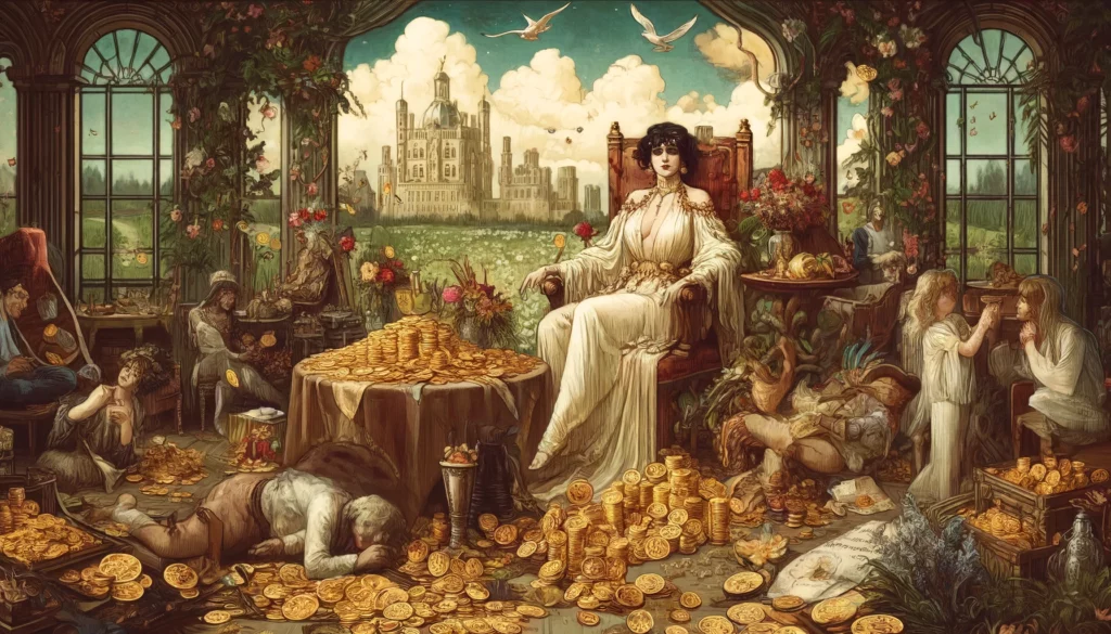  An illustration of the Reversed Queen of Pentacles depicted in a barren and desolate landscape. The Queen appears distant and detached, holding a pentacle with a solemn expression. The surroundings lack vitality, with wilted plants and dry soil, symbolizing the absence of nurturing and abundance. The scene conveys a sense of emptiness and disconnection, highlighting the consequences of prioritizing material wealth over emotional fulfillment. It prompts viewers to reflect on the importance of finding balance and nourishing the soul amidst the pursuit of material success.
