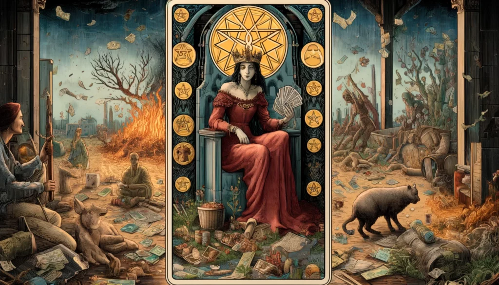 An illustration depicting the Reversed Queen of Pentacles seated in a barren garden with wilted plants and barren trees. The Queen appears disinterested and distant, with a somber expression on her face. The garden lacks vitality and abundance, symbolizing financial instability and neglect. The scene conveys a sense of emptiness and the need for a reassessment of priorities, highlighting the cautionary aspects associated with the Reversed Queen of Pentacles card in situational readings.