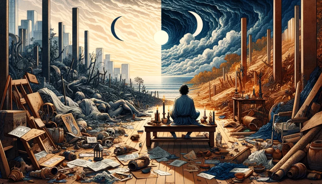  The image depicts a scene representing the longing for change from a state of imbalance or disharmony. It conveys a sense of introspection and determination to address and correct areas of excess or deficiency in one's life. This visualization captures the essence of the Reversed Temperance card in a reading, emphasizing themes of reevaluation, the pursuit of harmony following a period of turmoil, and the resolve to attain a balanced and moderated lifestyle. The composition suggests a journey towards inner peace and emotional stability through self-reflection and intentional action.