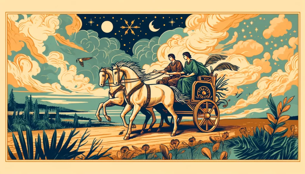 The image depicts two individuals standing apart, facing away from each other, with expressions of uncertainty and frustration. Symbolically, they appear to be struggling to steer a chariot, representing their relationship, in conflicting directions. The visualization embodies themes of discord, lack of unity, and the need for mutual understanding and cooperation to regain control and direction in their relationship. The background suggests a sense of stagnation or disarray, highlighting the challenges the couple faces in aligning their paths and finding harmony.