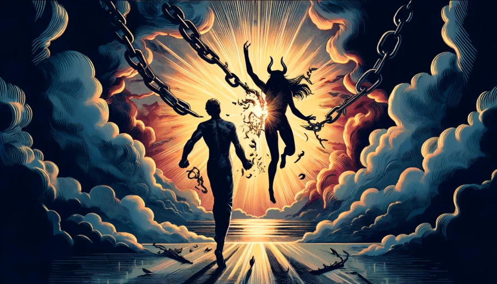 The image portrays a couple breaking free from chains, symbolizing their liberation from unhealthy attachments in their relationship. This visualization emphasizes themes of freedom, transformation, and reclaiming personal power within the relationship. The environment suggests a sense of release and renewal as the couple moves forward.