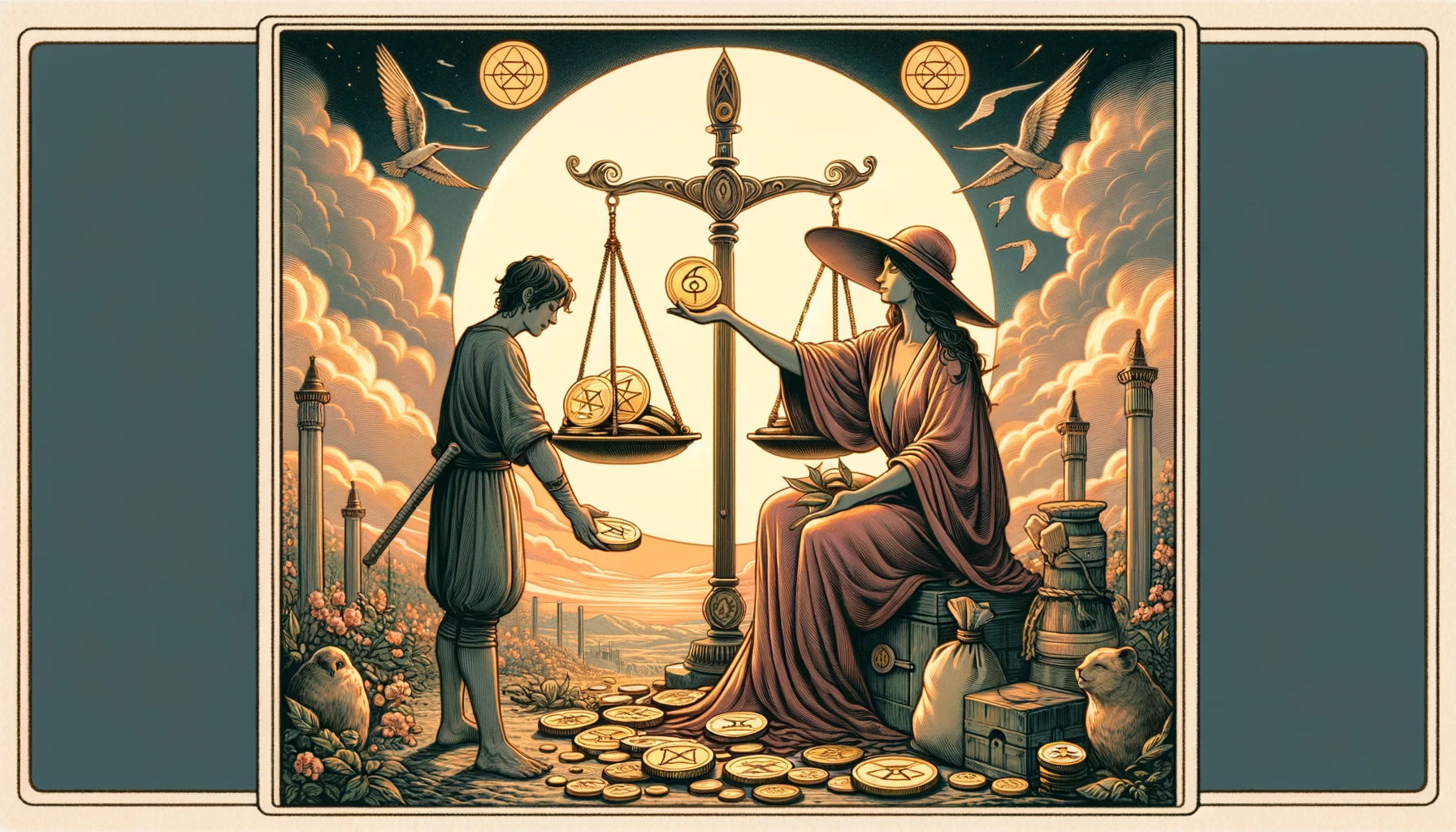 The image depicts a figure embodying the qualities of generosity and fairness, symbolizing the essence of the Six of Pentacles as a person. The individual is shown engaged in acts of philanthropy and responsible resource distribution. The environment surrounding them may include visual cues representing balance and charity. This visualization emphasizes themes of ethical stewardship, the balance of giving and receiving, and the importance of generosity in contributing to the well-being of others.
